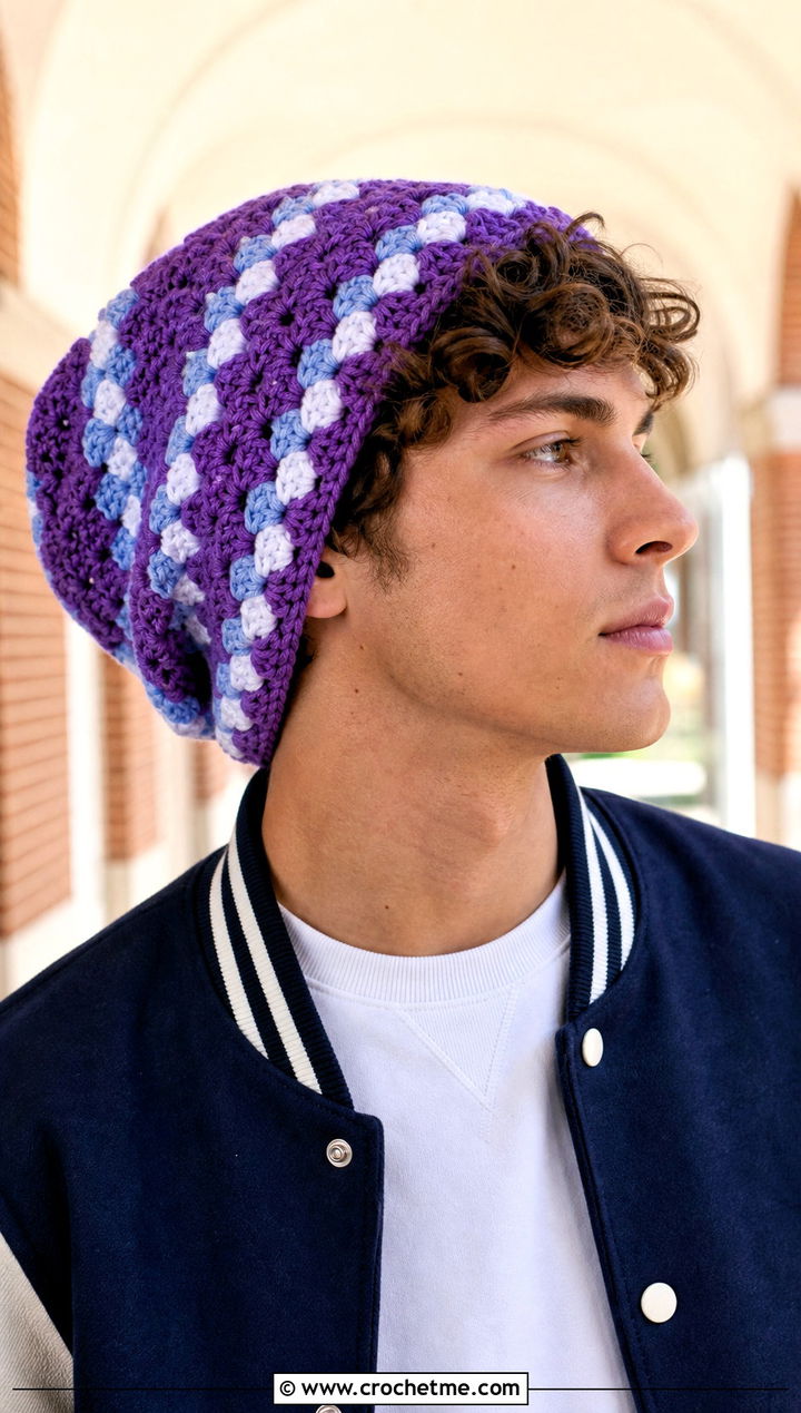 Granny Stripe Slouch Crochet Beanie With Varsity Jacket - 20 Mens Slouch Crochet Beanie outfit ideas