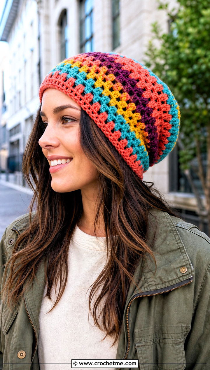 Granny Stripe Slouchy Crochet Beanie With Utility Jacket - 25 Easy Slouchy Crochet Beanie outfit ideas