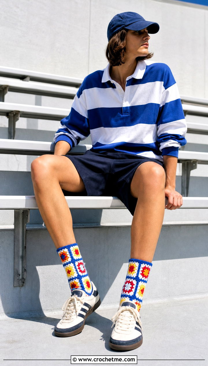 Granny Stripe Square Socks With A Rugby Shirt And Shorts - 35 crochet granny square socks outfit ideas
