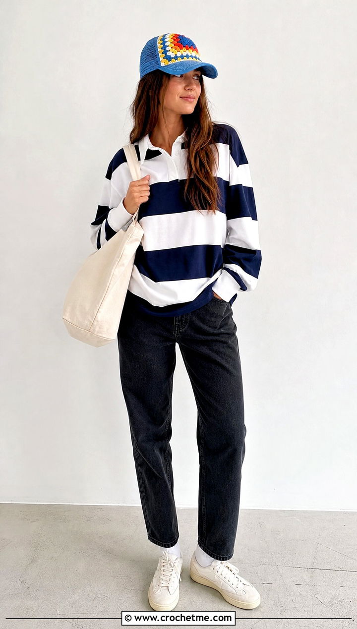Granny Stripe Square Trucker Hat With Rugby Shirt - 35 granny square trucker hat outfit ideas