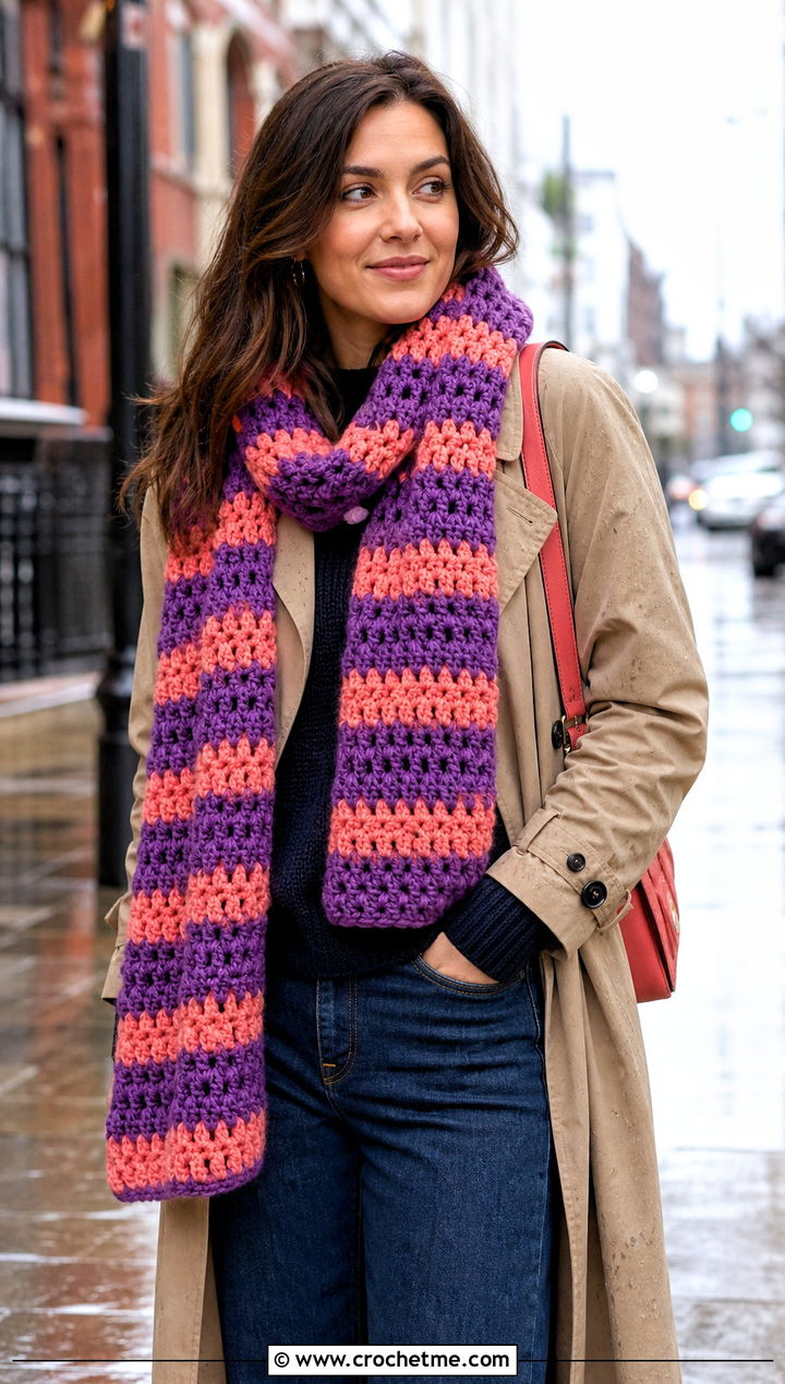 Granny Stripe Super Bulky Crochet Scarf With Trench Coat - 15 Super Bulky Crochet Scarf outfit ideas