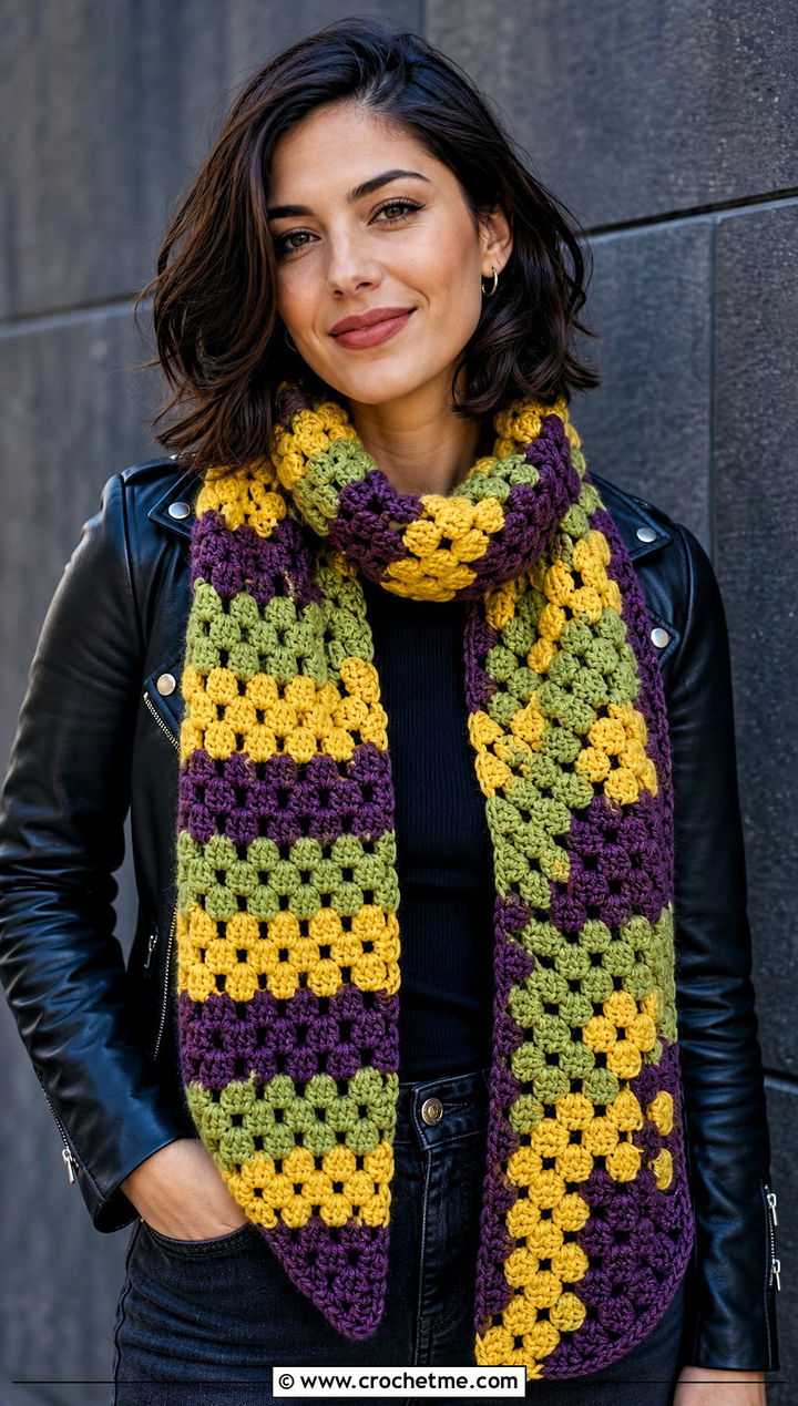 Granny Stripe Temperature Scarf With Leather Jacket - 30 crochet temperature scarf outfit ideas