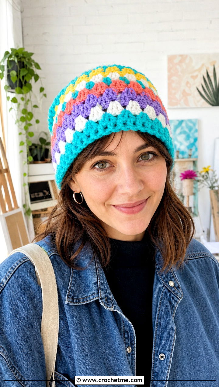 Granny Stripe Tempest Crochet Beanie With Denim Shirt - 15 tempest crochet beanie outfit ideas