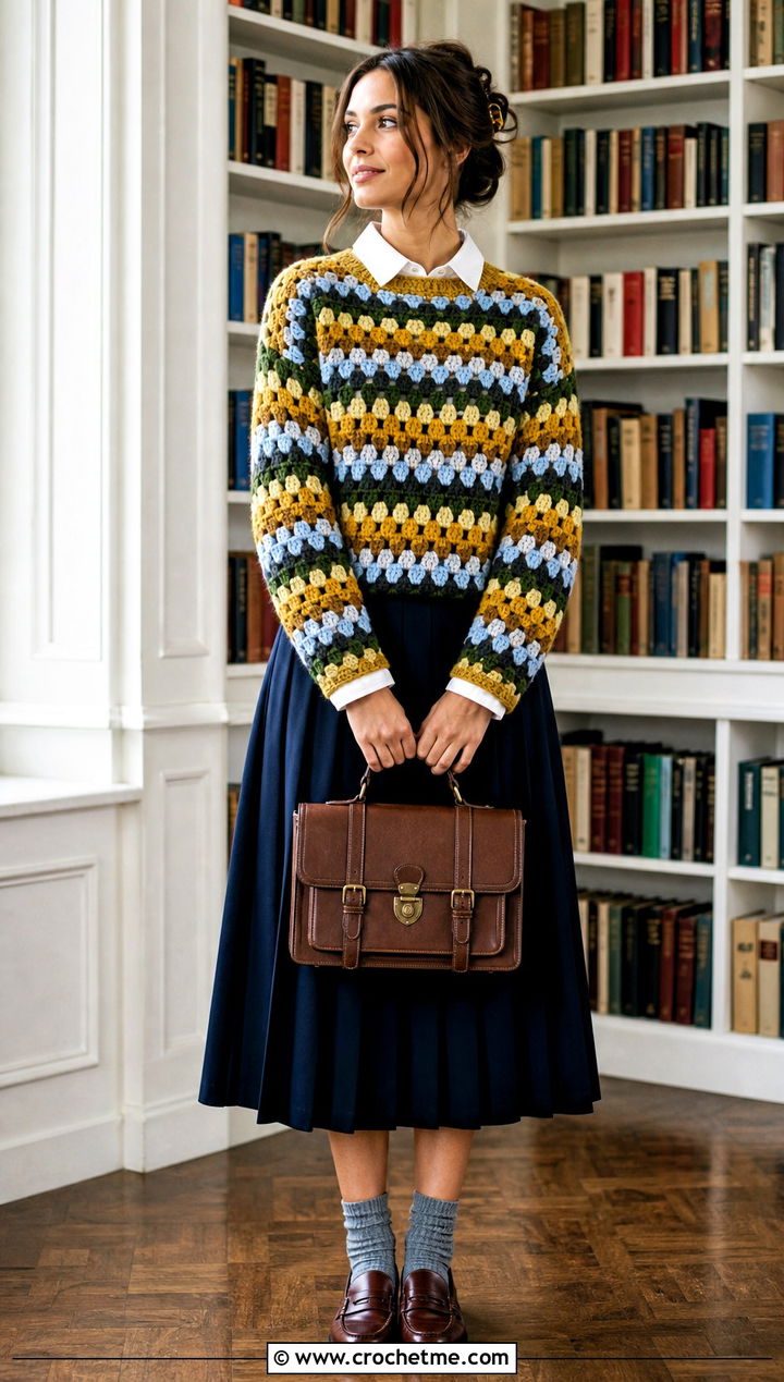 Granny Stripe Tom Daley Crochet Sweater With Pleated Skirt - 25 tom daley crochet sweater outfit ideas