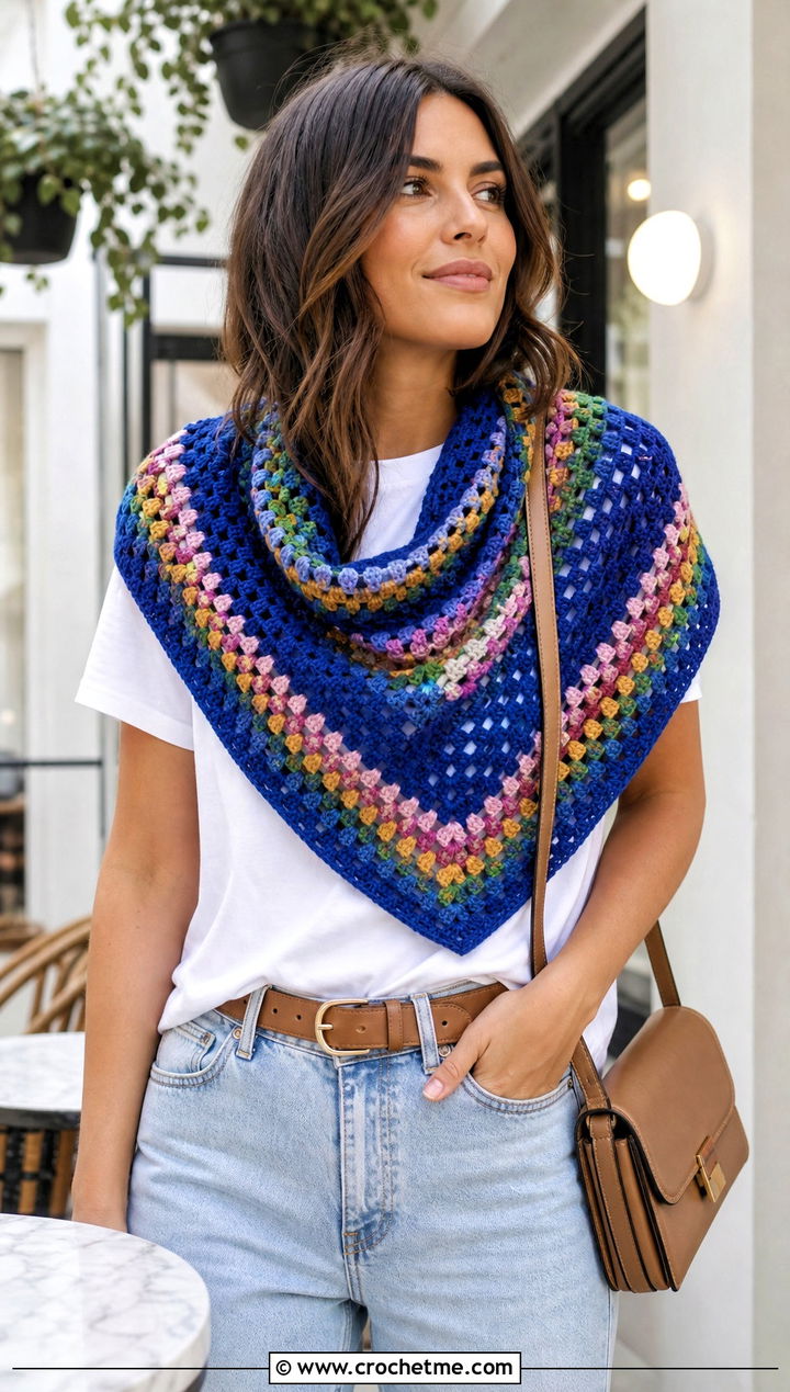 Granny Stripe Triangle Crochet Shawl With White Tee And Jeans - 30 easy triangle crochet shawl outfit ideas