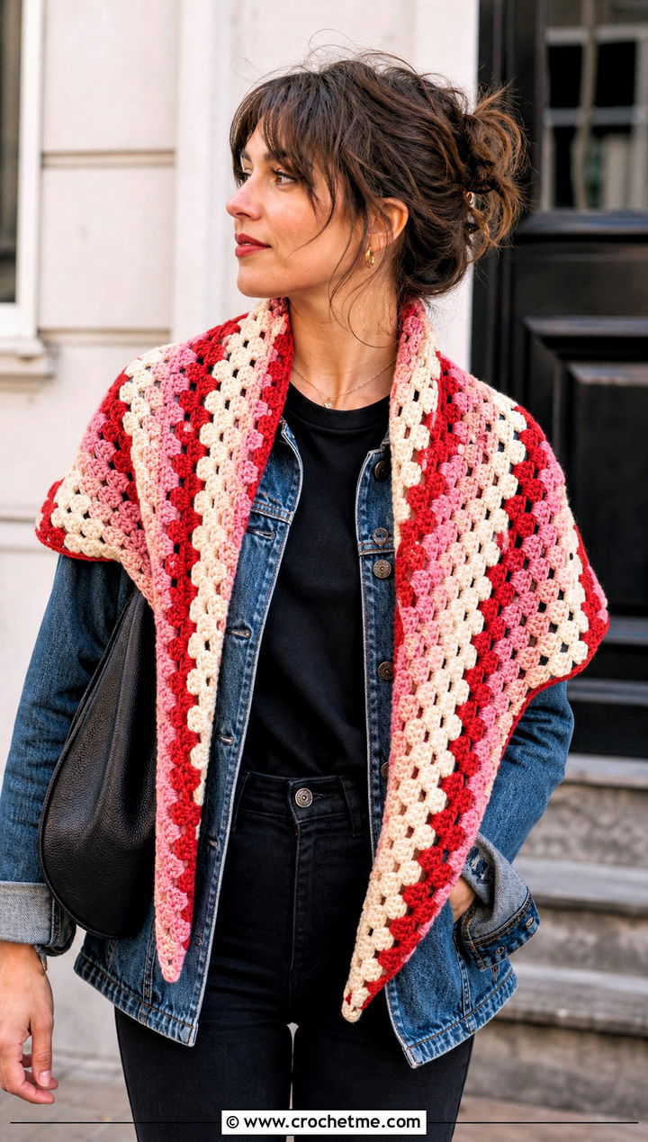 Granny Stripe Triangle Shawl With Denim Jacket - 30 easy crochet triangle shawl outfit ideas