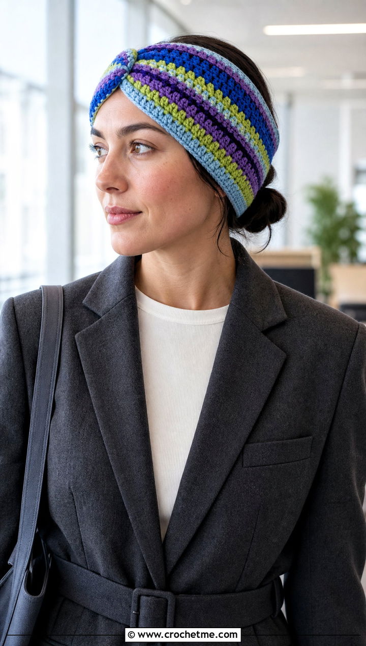 Granny Stripe Twist Crochet Ear Warmer With Modern Workwear - 25 twist crochet ear warmer outfit ideas