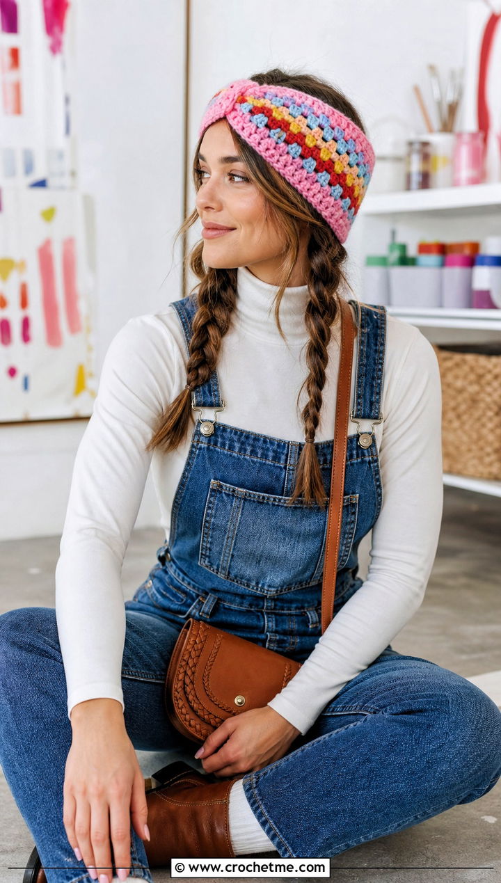 Granny Stripe Twist Ear Warmer With Denim Overalls - 25 Crochet Twist Ear Warmer outfit ideas