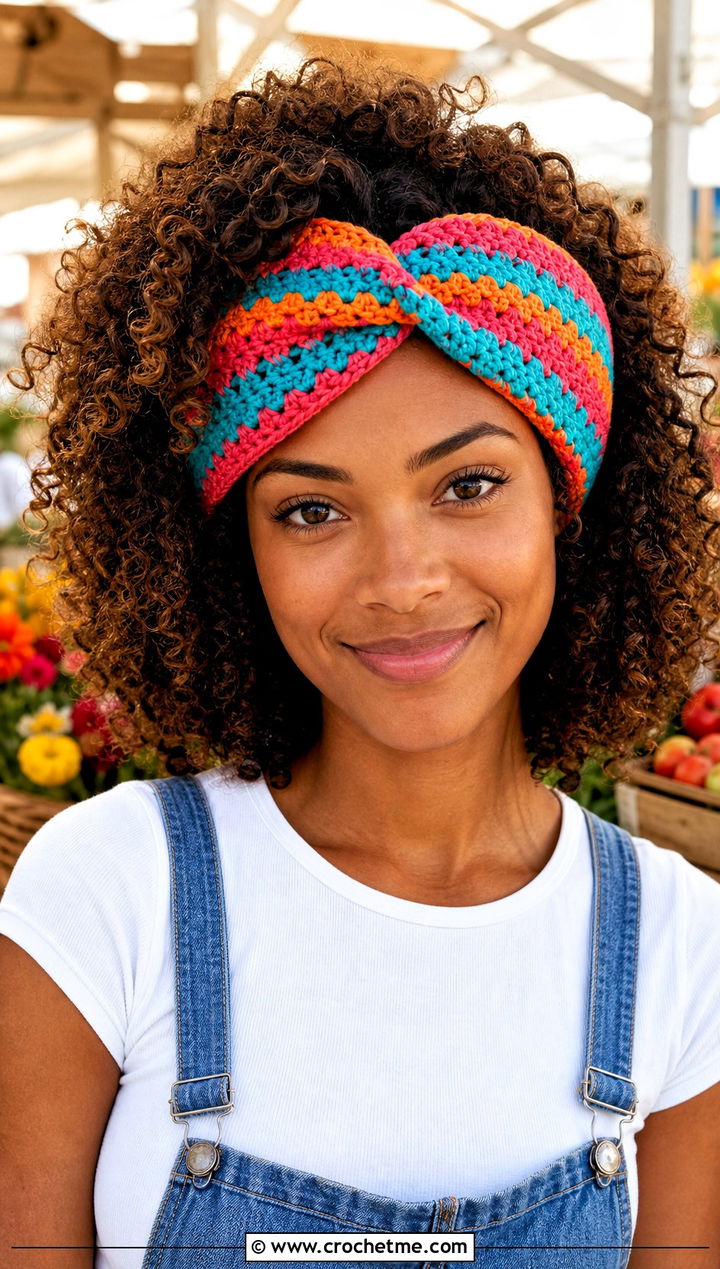 Granny Stripe Twisted Knot Crochet Headband With Denim Overalls - 15 Twisted Knot Crochet Headband outfit ideas