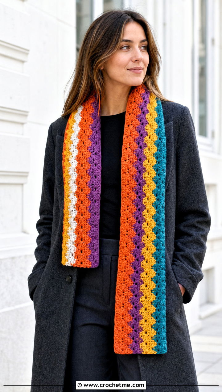 Granny Stripe V Stitch Crochet Scarf With Minimal Outfit - 30 crochet v stitch scarf outfit ideas