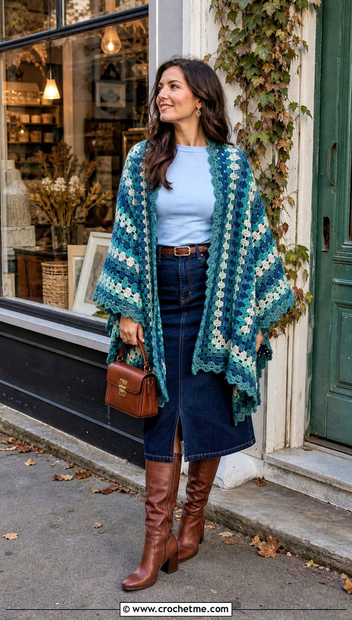 Granny Stripe Vintage Crochet Poncho With Denim Skirt - 15 Vintage Crochet Poncho outfit ideas