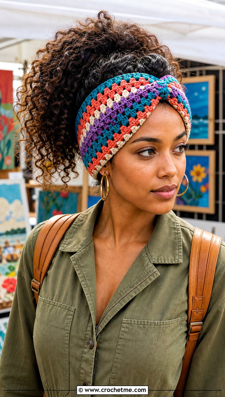 Granny Stripe Wide Cinch Crochet Headband With Utility Jumpsuit - 15 wide cinch crochet headband outfit ideas
