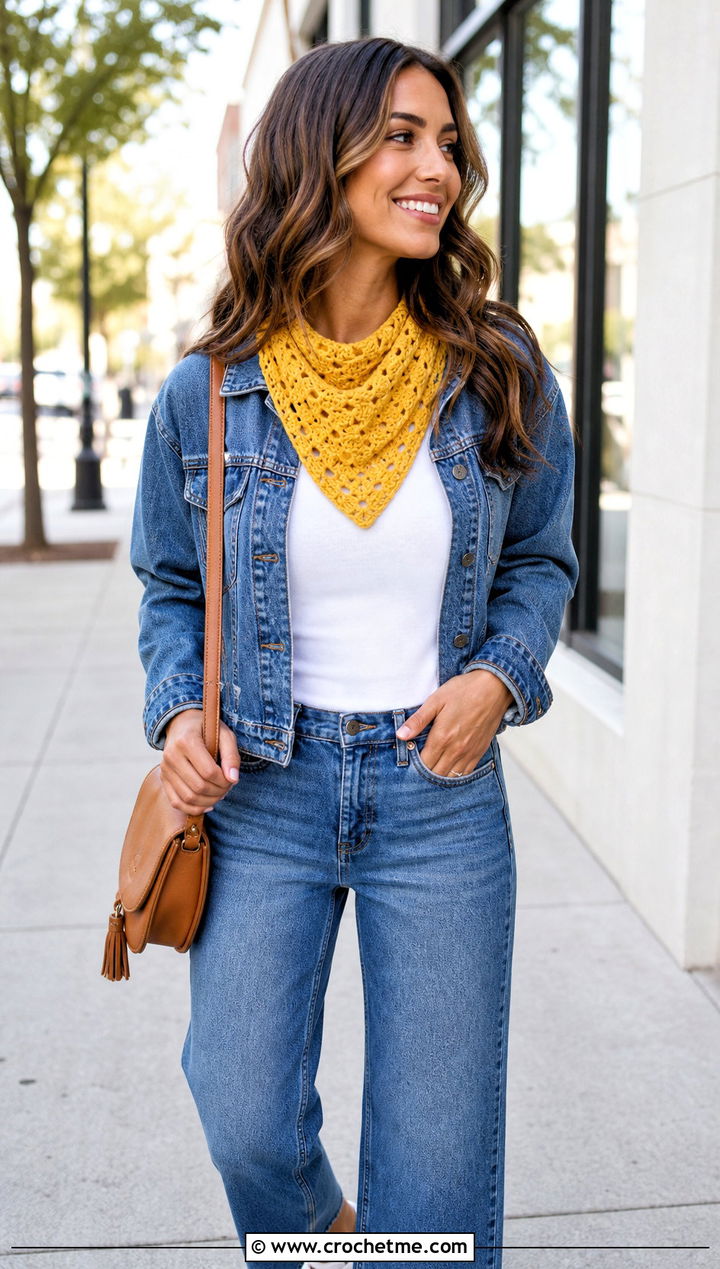 Granny Triangle Bandana Crochet Scarf With Jeans And T Shirt - 20 Bandana Crochet Scarf outfit ideas