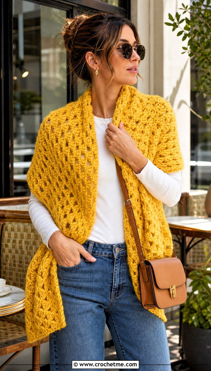 Granny Triangle Chunky Shawl With Straight Leg Jeans - 25 Crochet Chunky Shawl outfit ideas