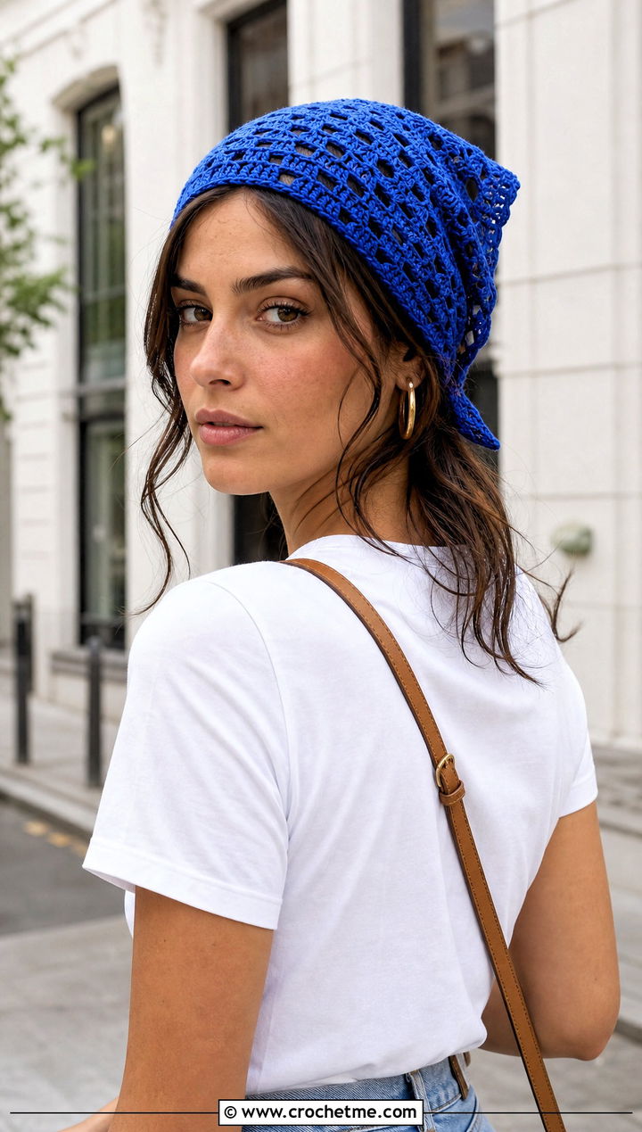 Granny Triangle Crochet Head Scarf With White Tee and Jeans - 25 Crochet Boho Head Scarf outfit ideas