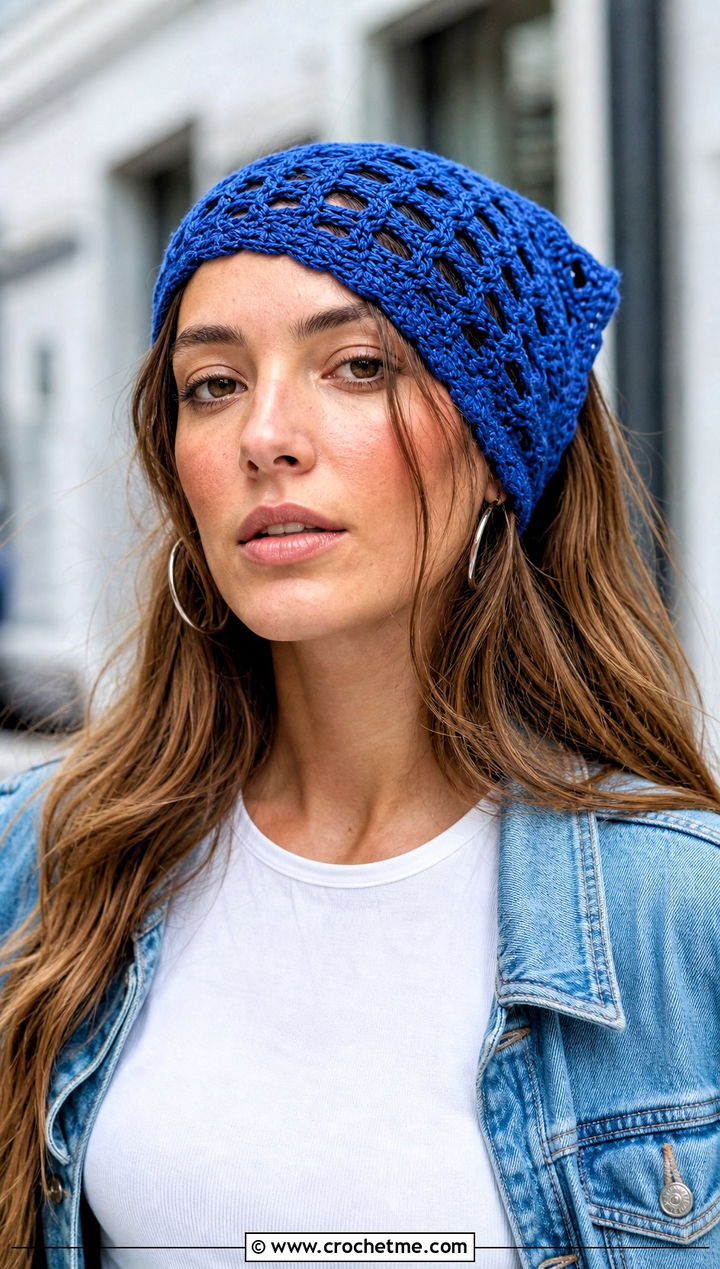 Granny Triangle Crochet Head Wrap With Denim Jacket - 15 crochet head wraps outfit ideas