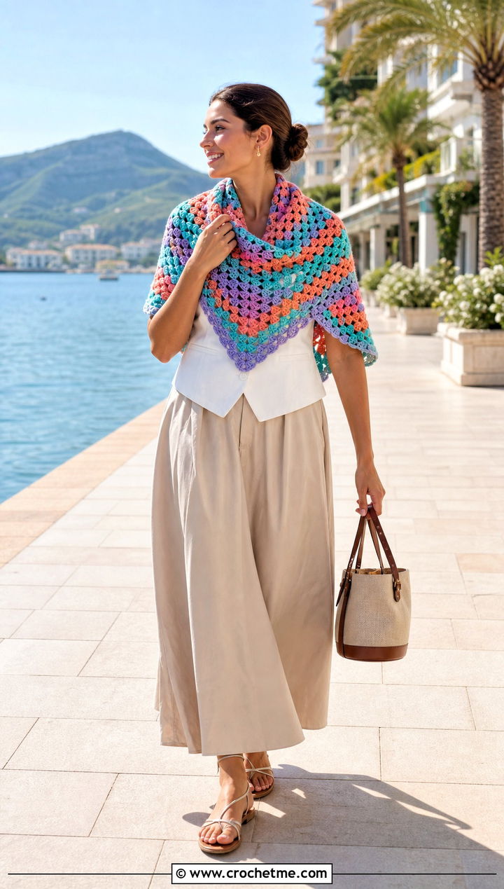 Granny Triangle Crochet Scarf With Vest And Maxi Skirt - 35 summer crochet scarf outfit ideas