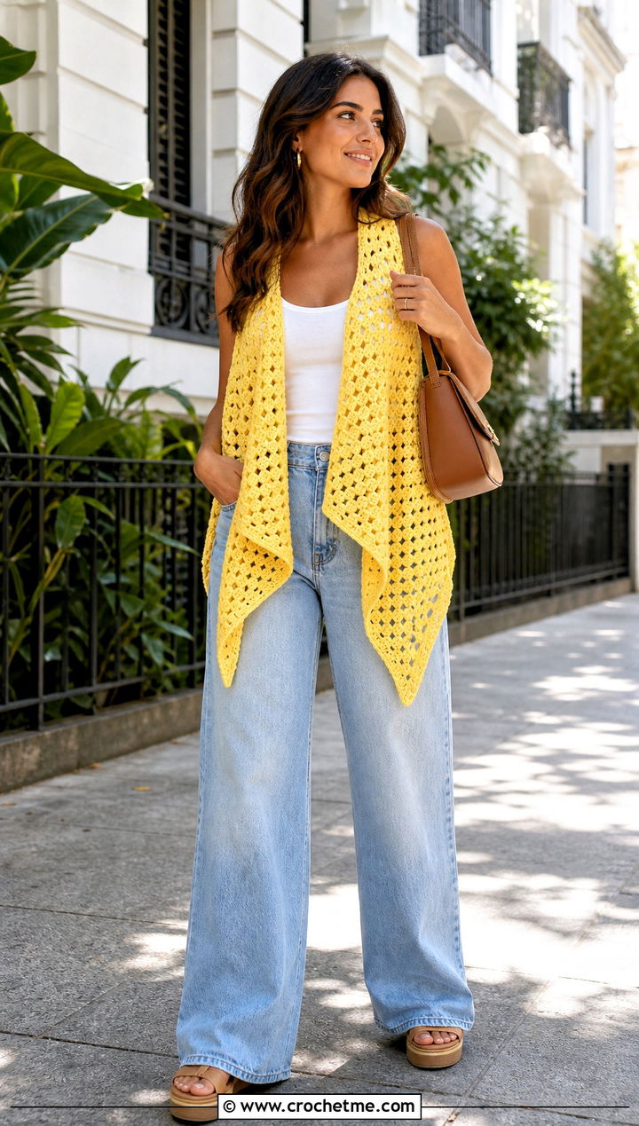 Granny Triangle Crochet Shawl Vest With Wide Leg Jeans - 25 crochet shawl vest outfit ideas