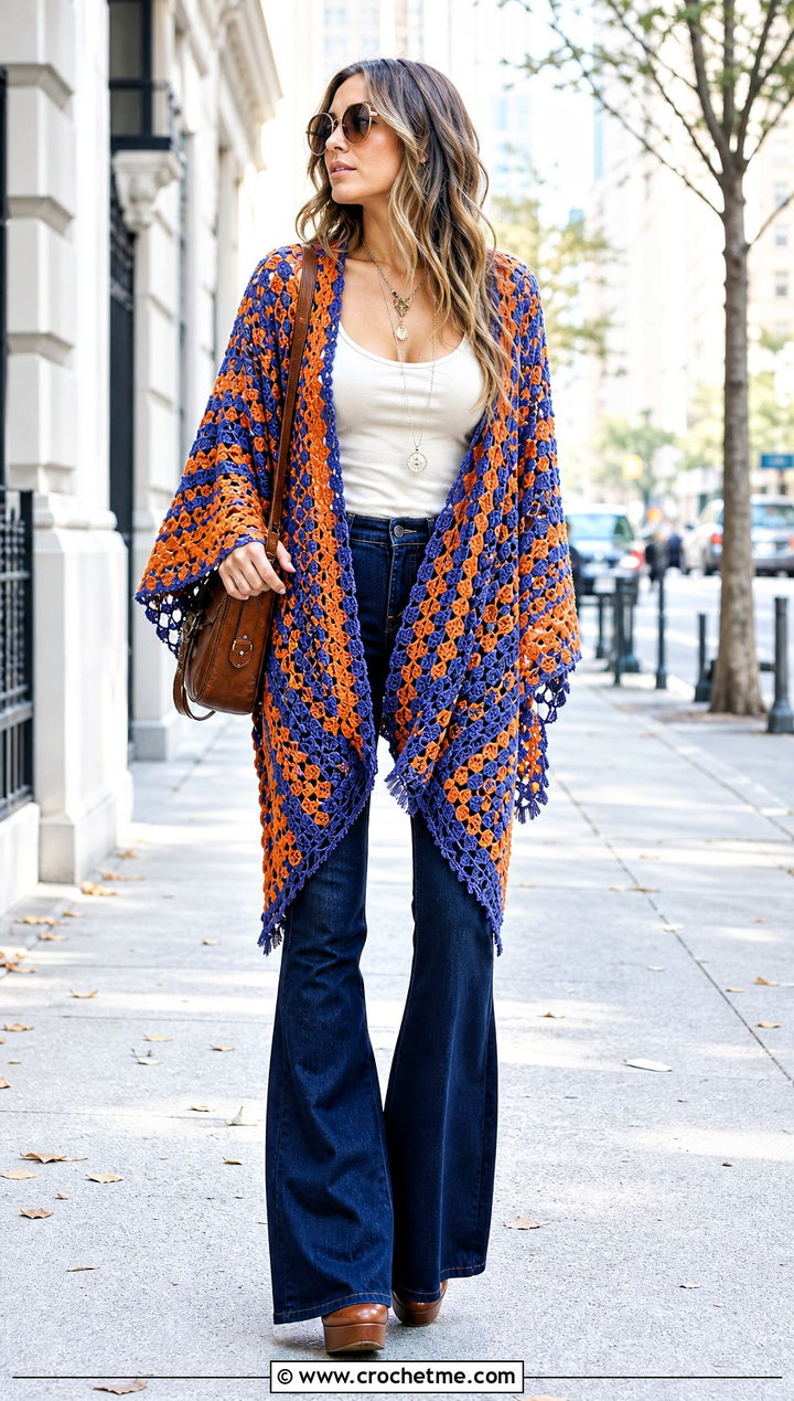 Granny Triangle Crochet Shawl With Flared Jeans - 25 Stevie Nicks Crochet Shawl outfit ideas