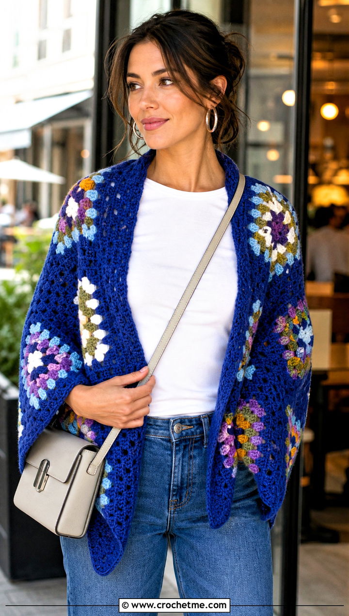 Granny Triangle Crochet Shawl With Straight Leg Jeans - 25 Crochet For Shawl outfit ideas