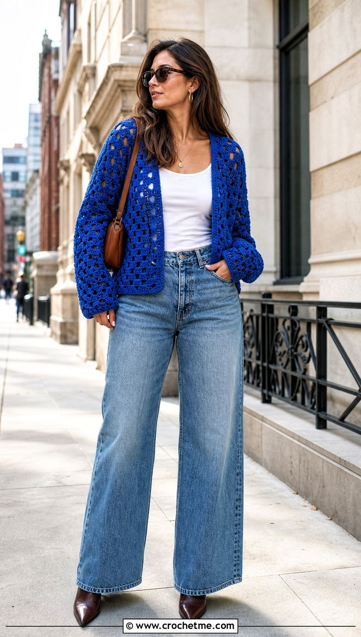 Granny Triangle Crochet Sweater With Wide Leg Jeans - 15 triangle crochet sweater outfit ideas