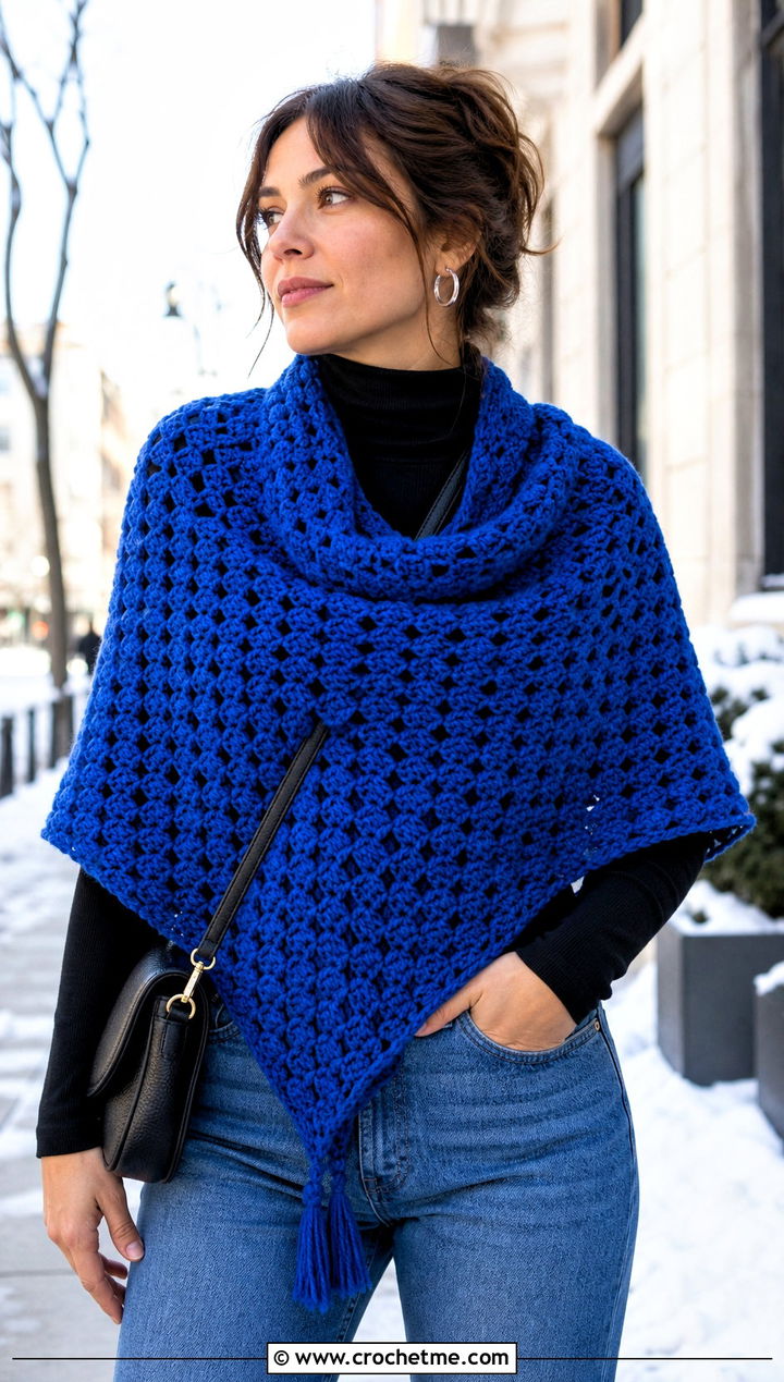 Granny Triangle Crochet Winter Shawl With Straight Jeans - 15 Crochet Winter Shawl outfit ideas