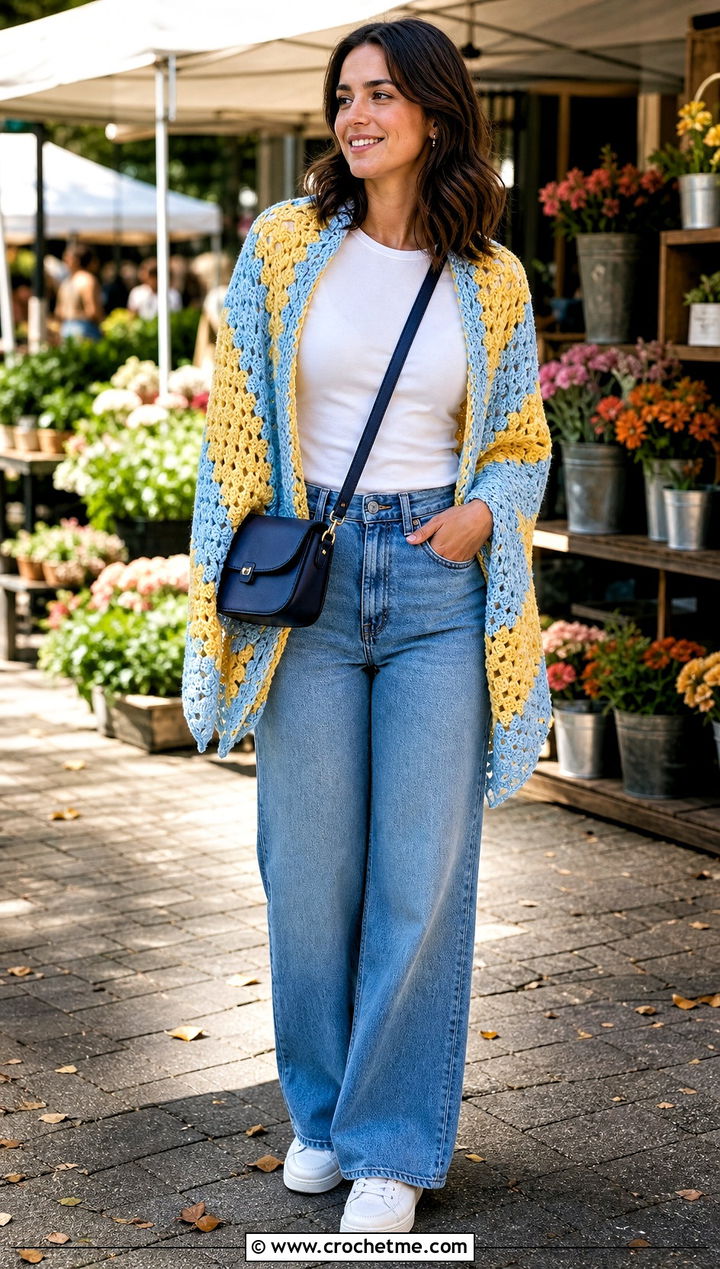 Granny Triangle Shawl With Wide Leg Jeans - 25 beautiful crochet shawls and wraps outfit ideas