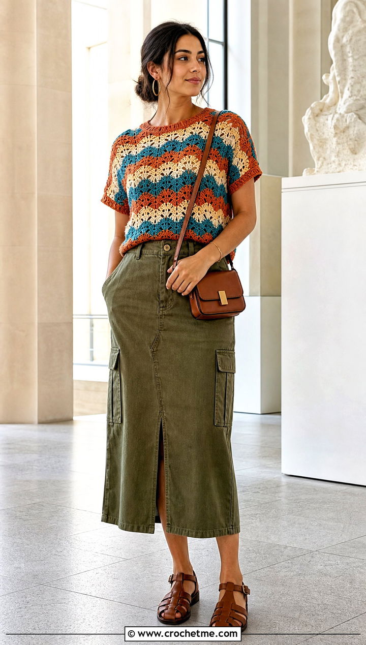 Granny Wave Crochet Top With Utility Midi Skirt - 25 wavy crochet top outfit ideas
