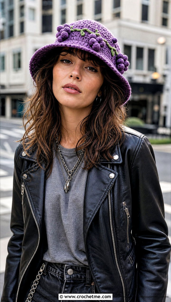 Grape Crochet Fruit Bucket Hat With Leather Jacket - 25 crochet fruit bucket hat outfit ideas