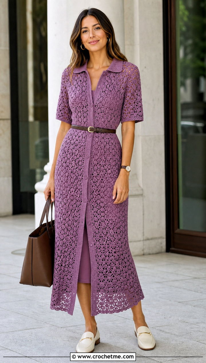 Grape Crochet Shirt Dress With Loafers - 35 purple crochet dress outfit ideas