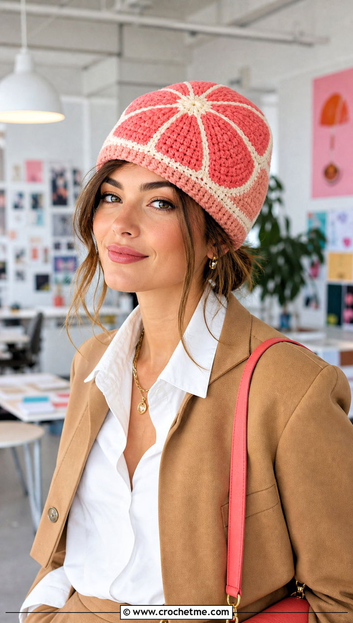 Grapefruit Crochet Beanie With Pink Trousers - 30 crochet fruit beanie outfit ideas