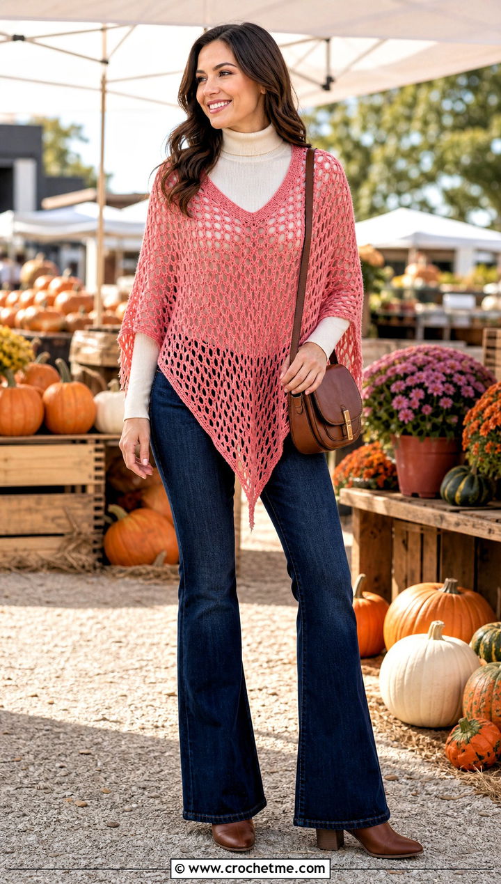 Grapefruit Pink Crochet Poncho With Flared Jeans - 35 pink crochet outfit ideas