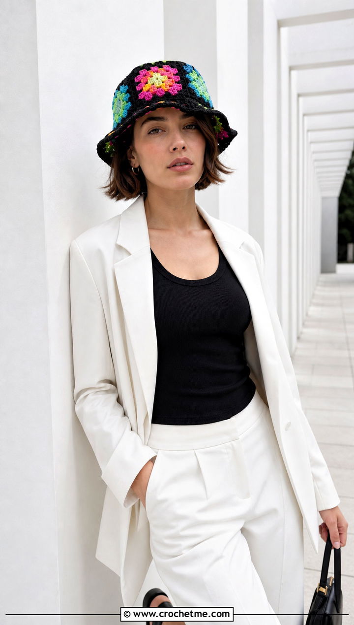 Graphic Black Trim Granny Square Hat With White Suit - 30 crochet square hat outfit ideas