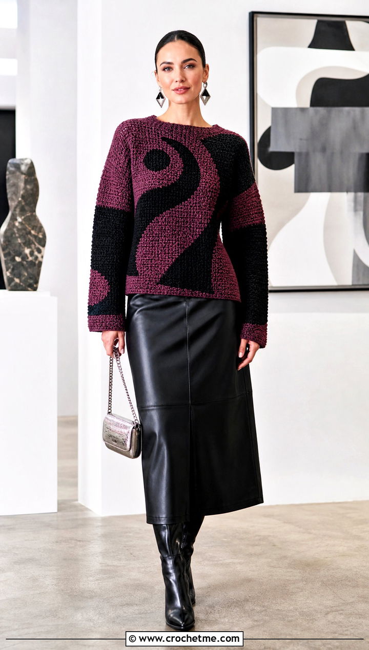 Graphic C C Crochet Sweater With Leather Midi Skirt - 25 c2c crochet sweater outfit ideas