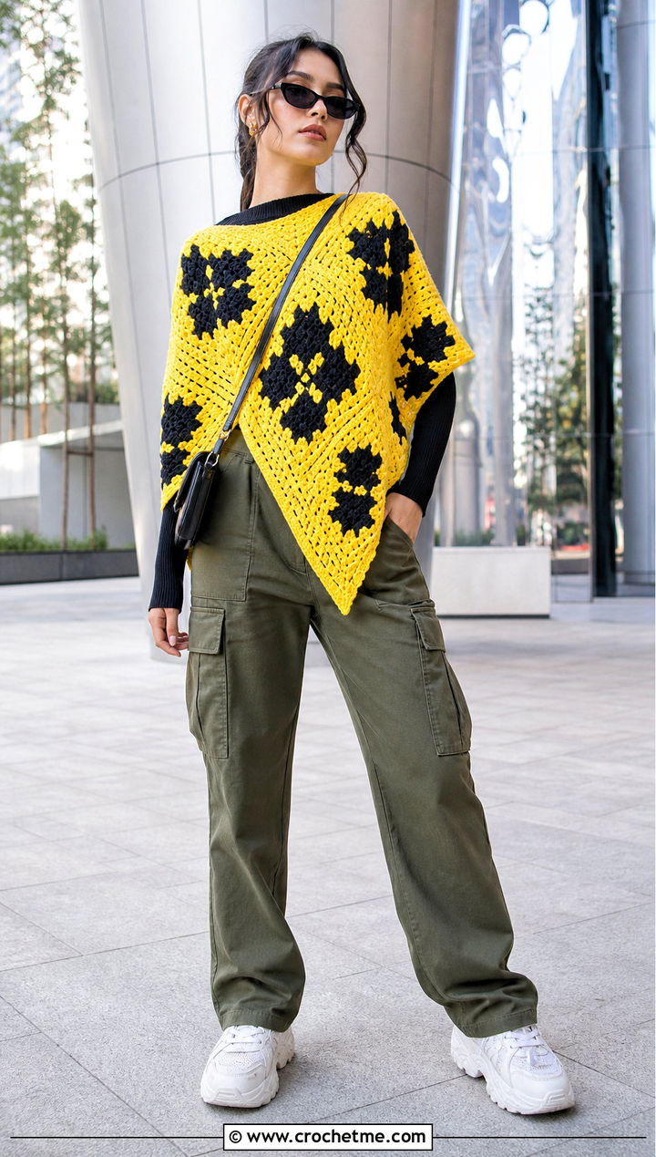 Graphic C C Poncho With Cargo Pants - 15 Crochet C2C Poncho outfit ideas