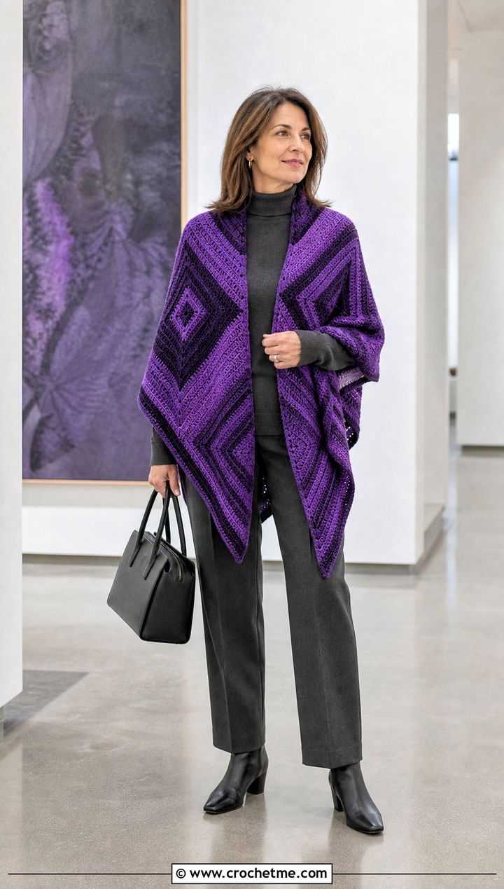 Graphic Corner To Corner Crochet Shawl With Monochrome Outfit - 15 Corner To Corner Crochet Shawl outfit ideas
