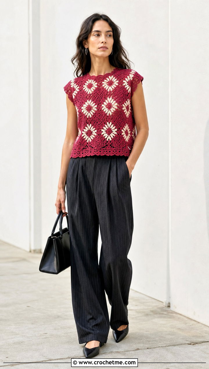 Graphic Crochet Cleo Top With Pinstripe Trousers - 30 crochet cleo top outfit ideas