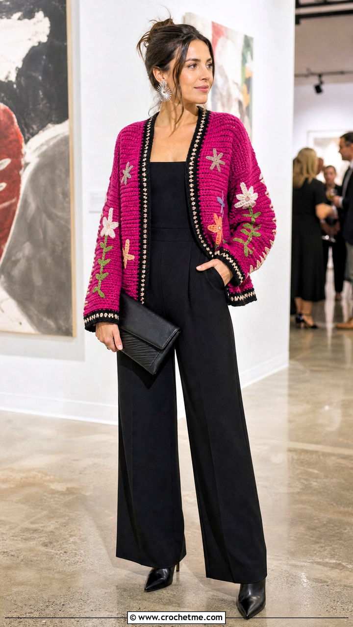 Graphic Crochet Folklore Cardigan With Black Jumpsuit - 35 crochet folklore cardigan outfit ideas