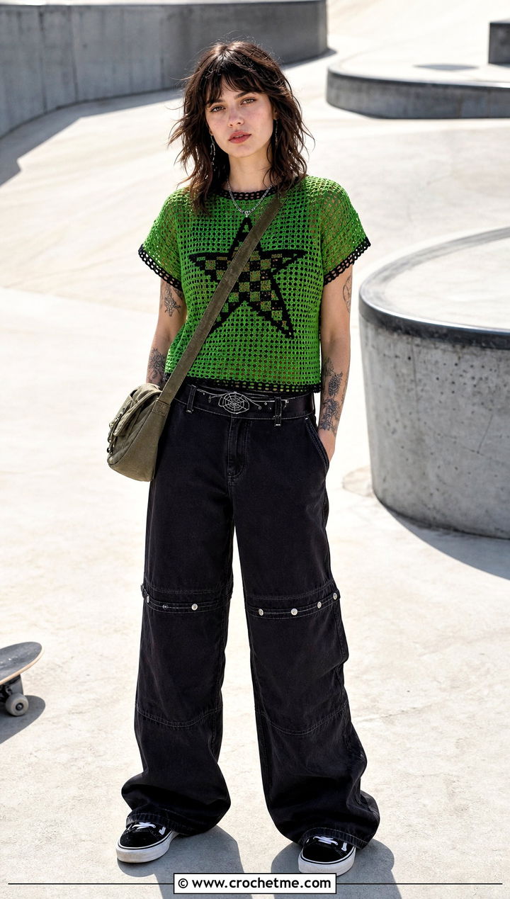 Graphic Crochet Grunge Top With Double Knee Pants - 30 crochet grunge top outfit ideas