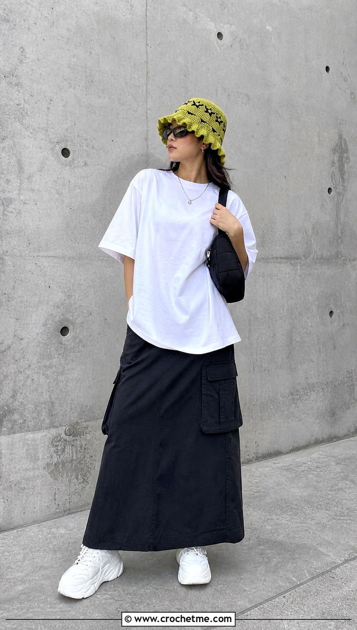 Graphic Crochet Ruffle Bucket Hat With T Shirt And Cargo Maxi Skirt - 35 crochet ruffle bucket hat outfit ideas