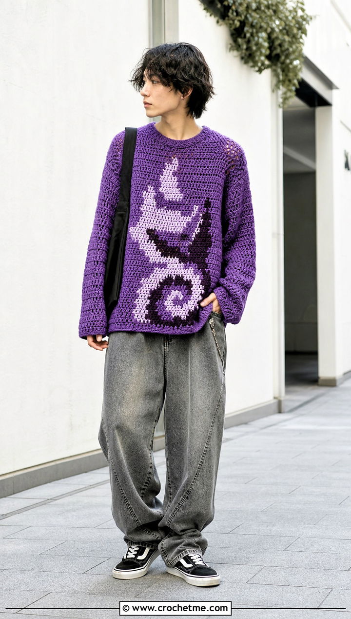 Graphic Crochet Sweater With Baggy Jeans - 25 unisex crochet sweater outfit ideas
