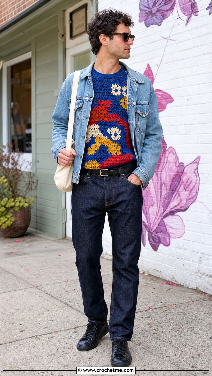 Graphic Crochet Sweater With Double Denim - 35 crochet mens sweater outfit ideas