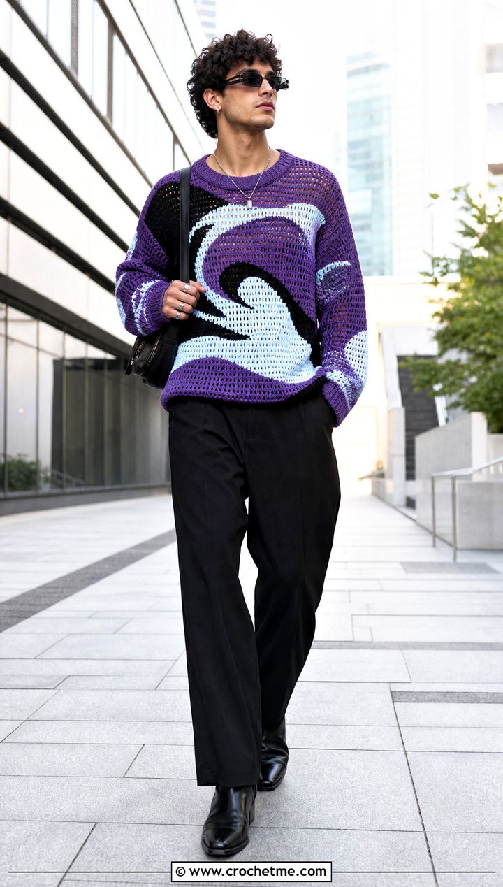 Graphic Crochet Sweater With Minimal Black Trousers - 25 Mens Crochet Sweaters outfit ideas