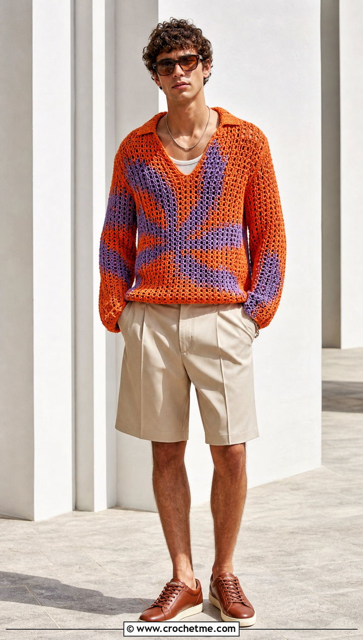 Graphic Crochet Sweater With Tailored Shorts - 35 crochet man sweaters outfit ideas