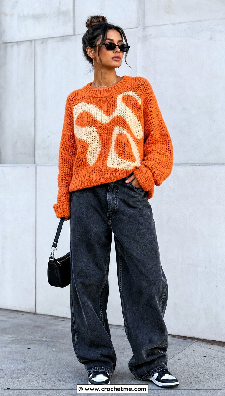 Graphic Double Crochet Sweater With Baggy Jeans - 35 double crochet sweater outfit ideas