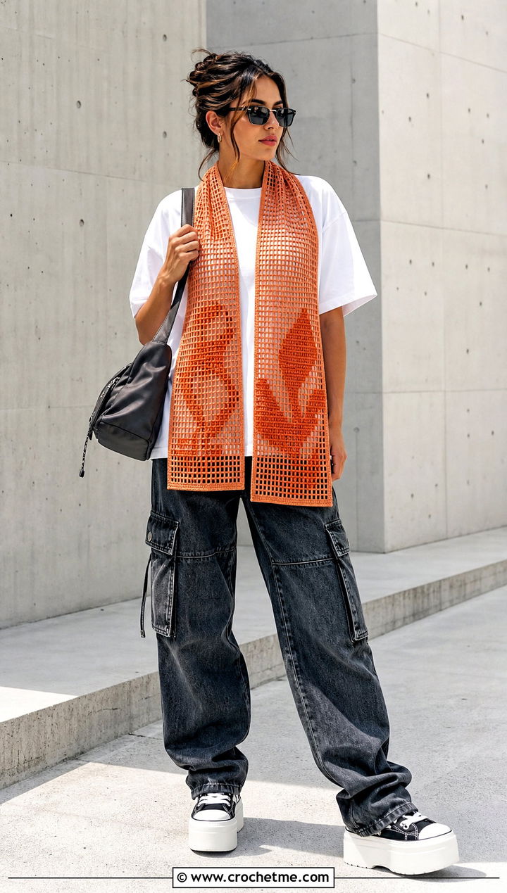 Graphic Filet Crochet Scarf With A Minimal T Shirt And Cargo Jeans - 35 filet crochet scarf outfit ideas