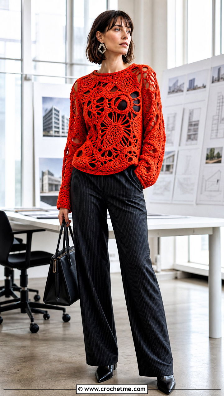 Graphic Freeform Crochet Sweater With Pinstripe Suit Pants - 30 freeform crochet sweater outfit ideas