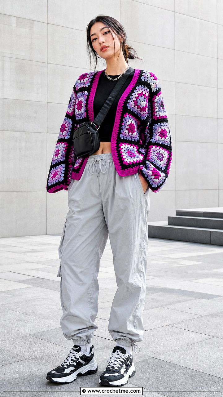 Graphic Granny Square Cardigan With Parachute Pants - 35 crochet granny square cardigan outfit ideas