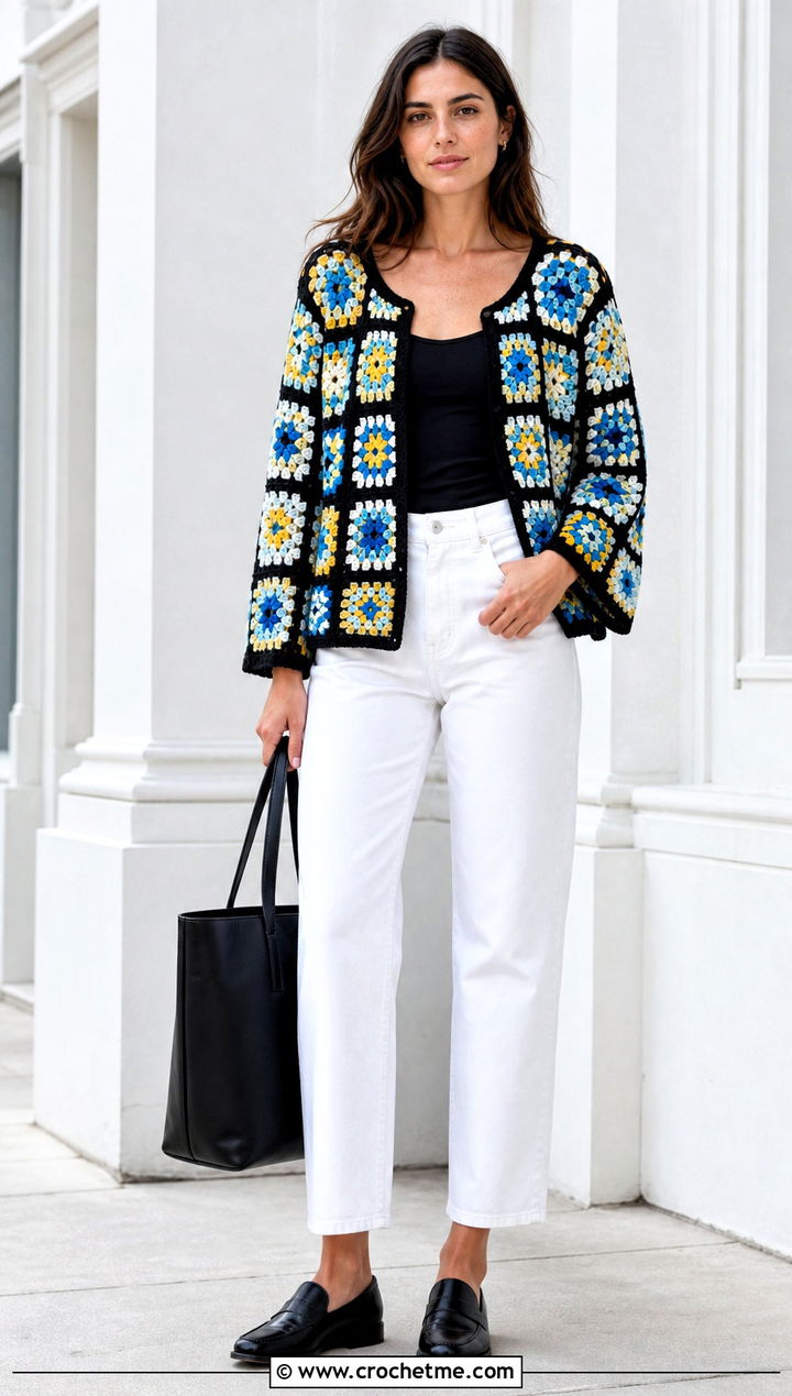 Graphic Granny Square Cardigan With White Jeans - 30 cardigan with granny square outfit ideas