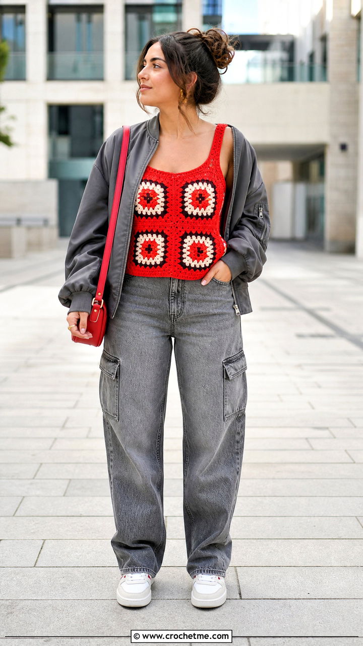 Graphic Granny Square Tank Top With Bomber Jacket - 35 granny square tank top outfit ideas